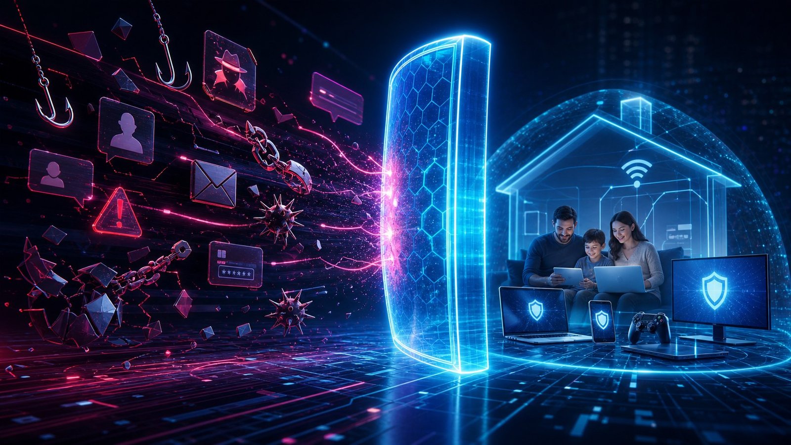 Ameaças digitais sendo bloqueadas antes de alcançar dispositivos de uma família.