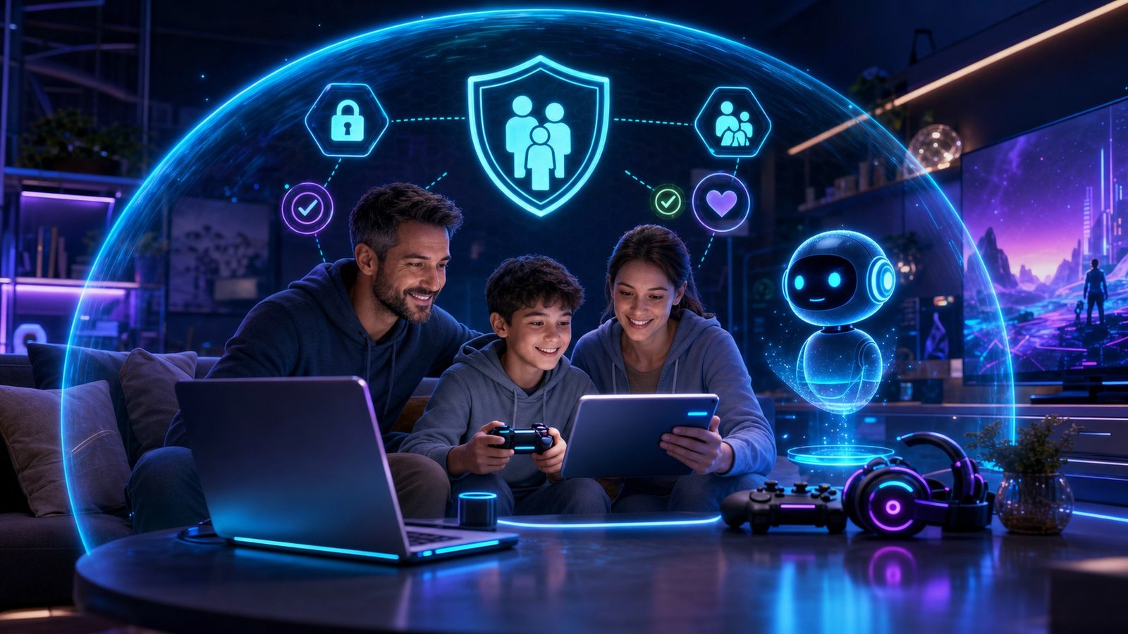 Família explorando jogos e inteligência artificial em uma área digital protegida.