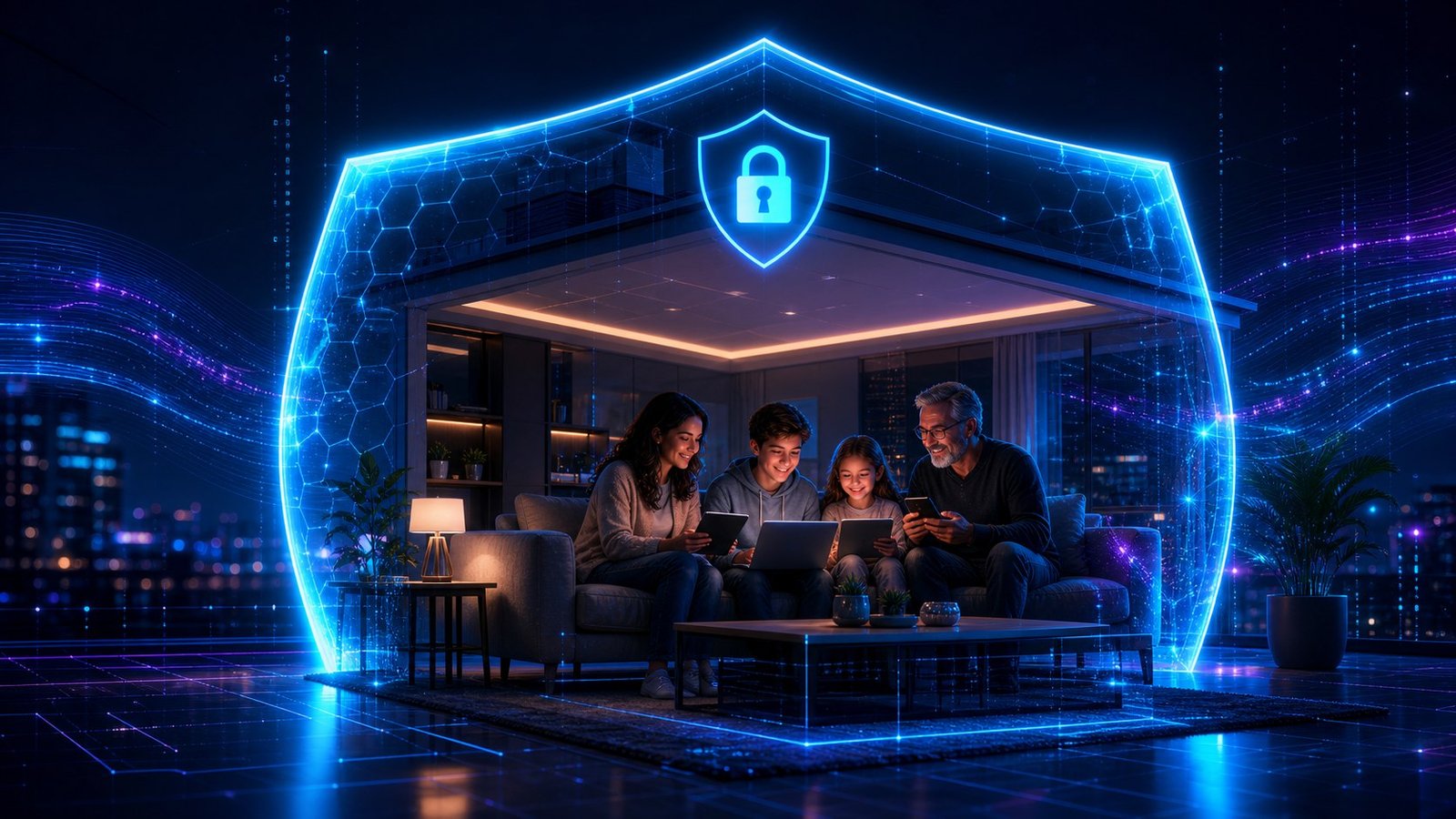 Família navegando em ambiente digital protegido por orientação de segurança, privacidade e prevenção contra golpes online.