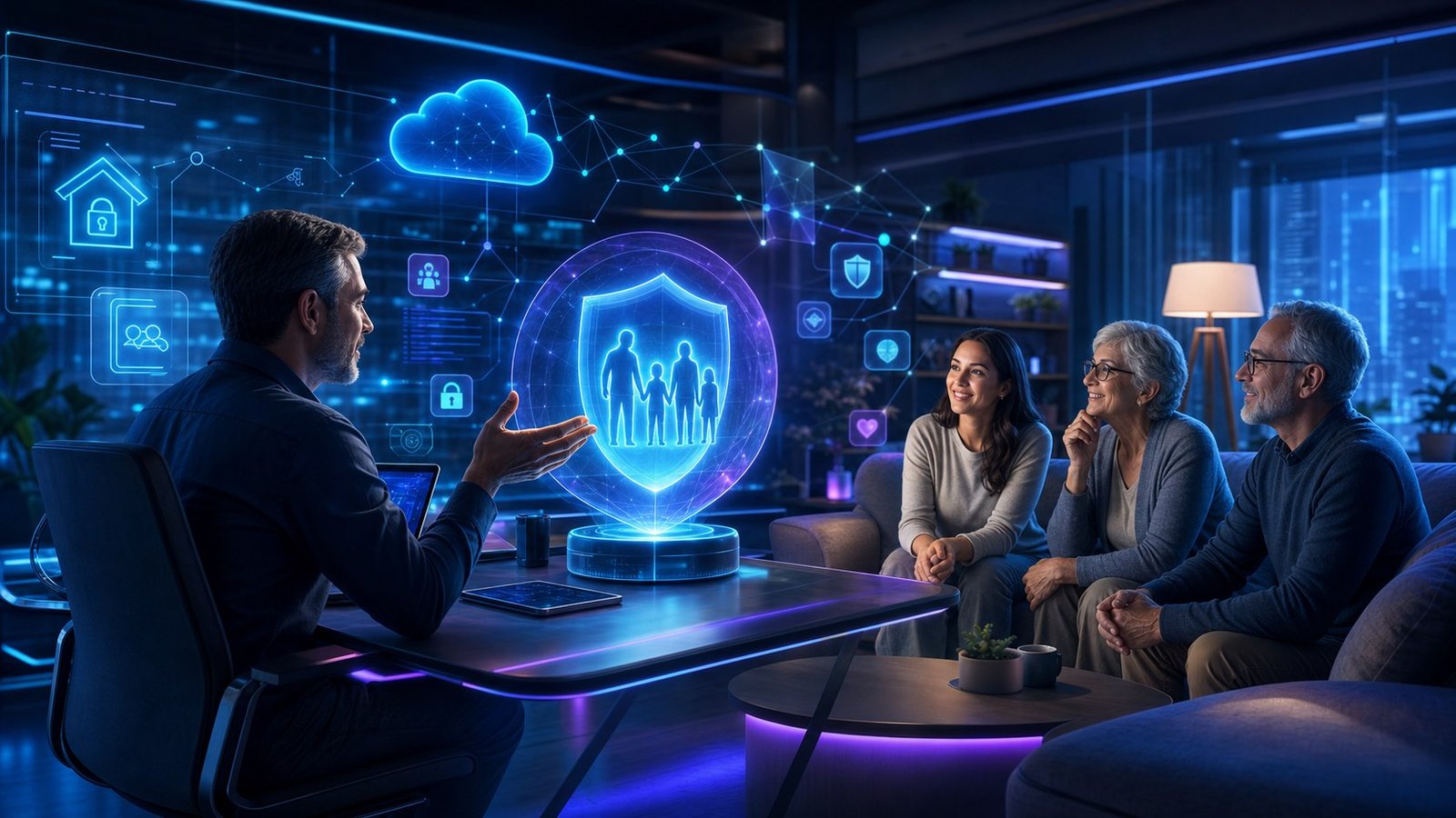 Mentoria em tecnologia orientando uma família sobre proteção digital.